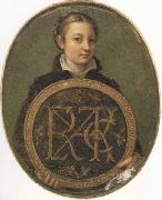Sofonisba Anguissola Self-Portrait Holding a Medallion with the Letters of her Father s Name, oil on canvas